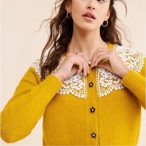 Maeve By Anthropologie Cropped Lace Collar Cardigan Sweater/S